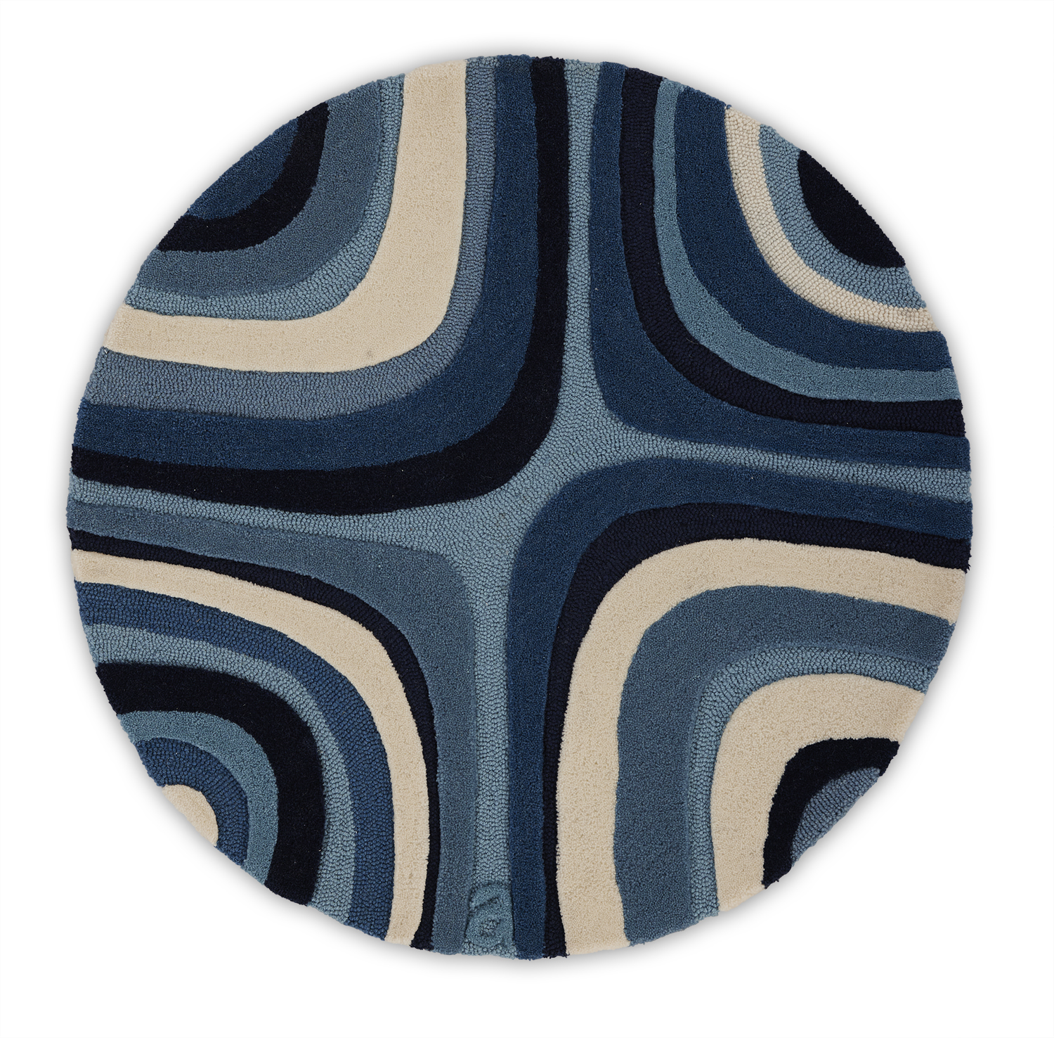 image of a 3' round rug with multiple shades of blue