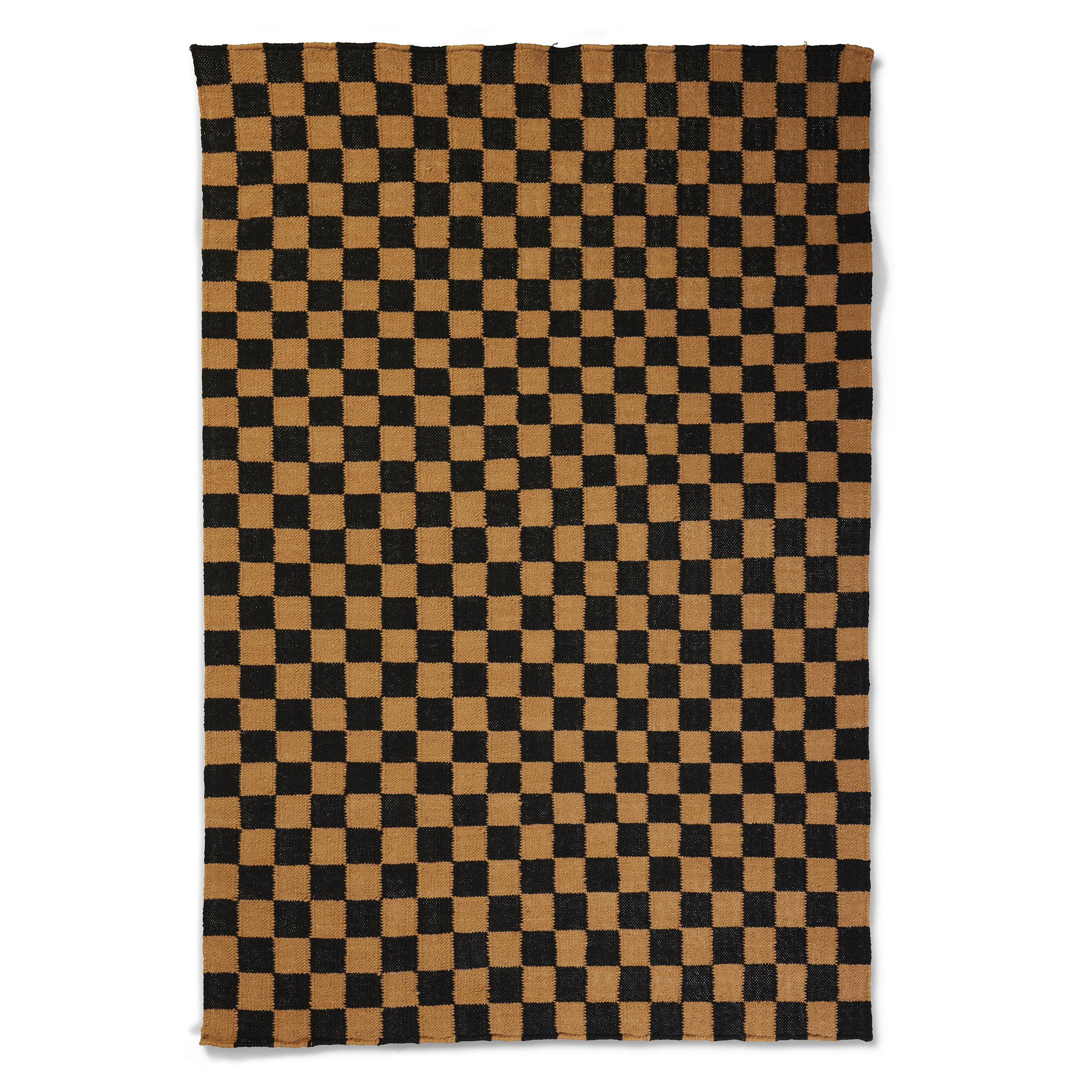 A rectangular area rug shown from an overhead perspective, featuring a black and tan/camel checkered pattern composed of small squares. The pattern covers the entire surface of the rug. The texture appears to be chunky and woven. The rug is isolated on a plain white background, with slight shadows visible around the edges.