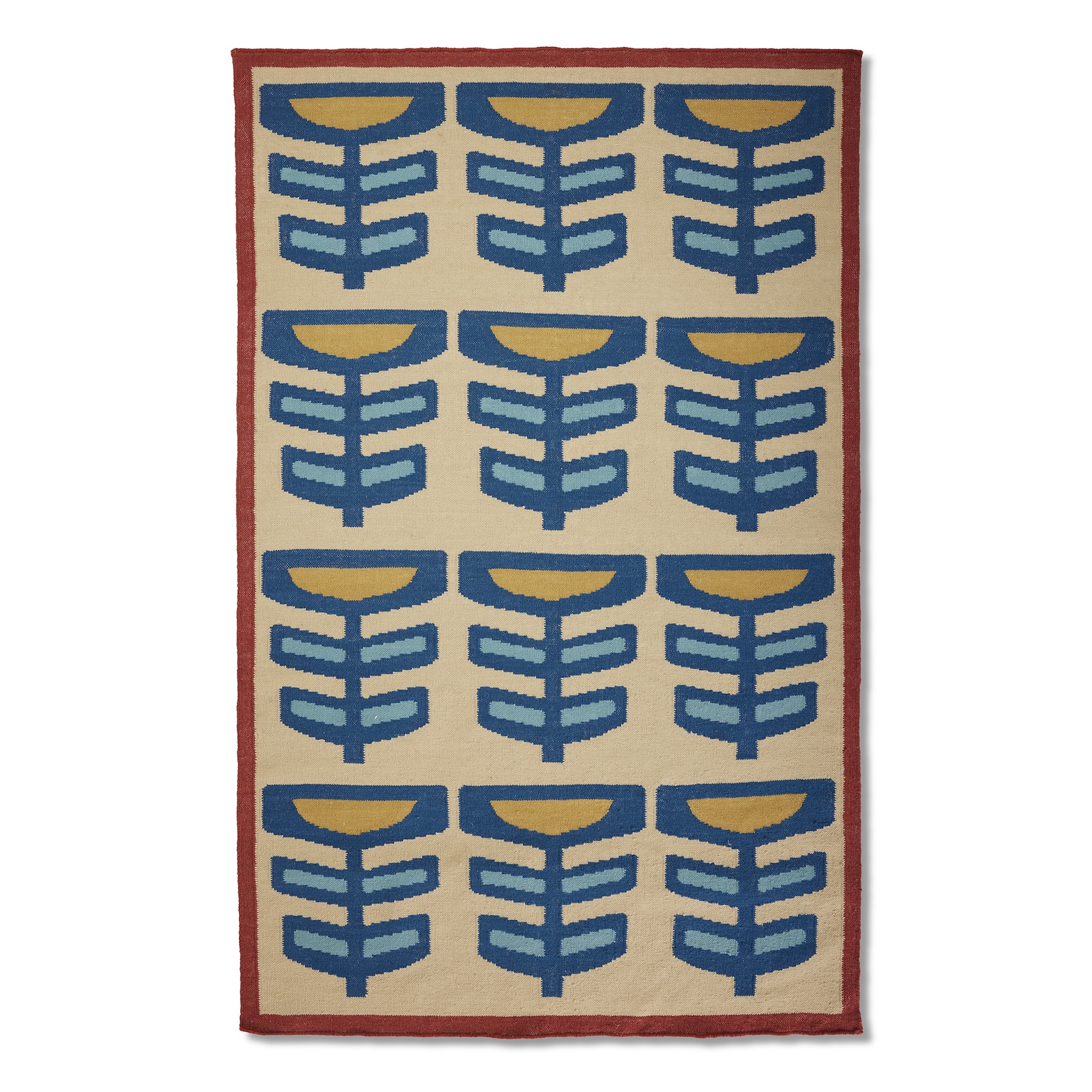 A rectangular area rug with a cream background and a solid dark red border. The rug features a repeating pattern of stylized floral or pod-like motifs, arranged in three vertical columns with four motifs in each column. Each individual motif is composed of a mustard yellow semi-circular shape on top, with two lighter blue, elongated, rounded rectangular shapes extending downwards, flanked by two darker blue, similar shapes. The design is symmetrical, modern, and fills the rug with the repeating pattern.
