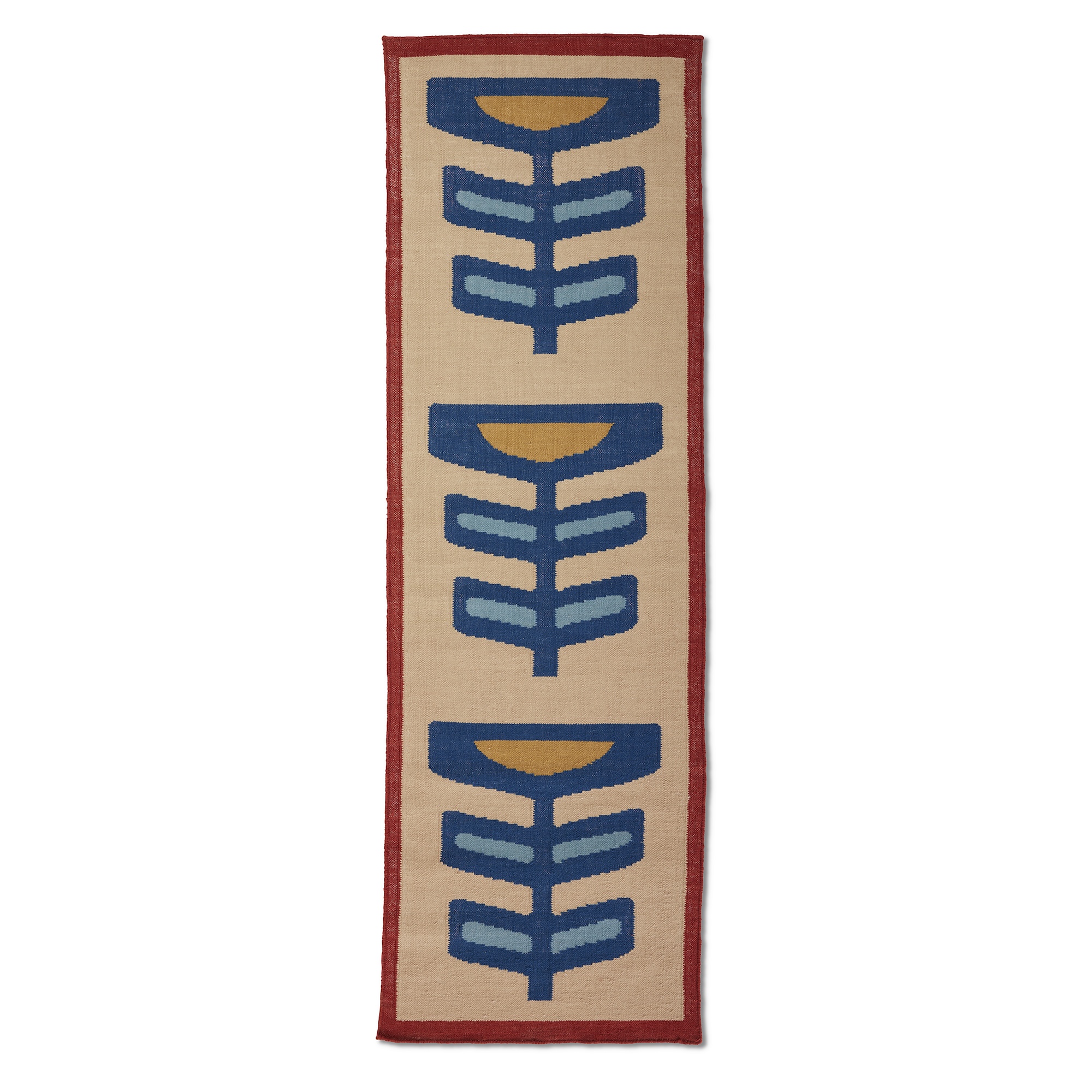 A rectangular runner rug with a cream background and a solid dark red border. The rug features a repeating pattern of three stylized floral or pod-like motifs arranged vertically down the center. Each motif consists of a semi-circular shape in mustard yellow on top, from which two lighter blue, elongated, rounded rectangular shapes extend downwards, flanked by two darker blue, similar shapes. The overall impression is a modern, abstract design.