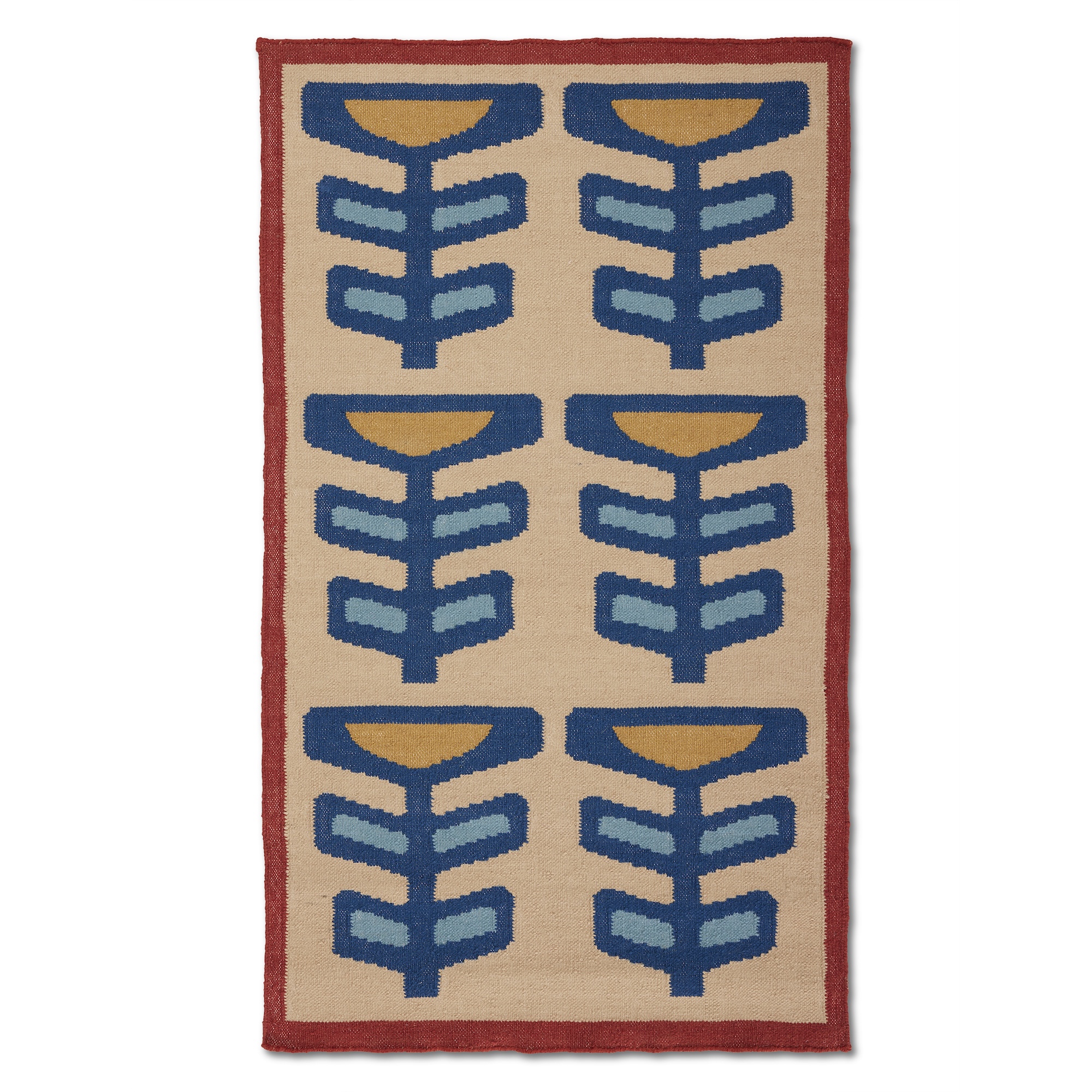 A rectangular area rug with a cream background and a solid dark red border. The rug displays a repeating pattern of stylized floral or pod-like motifs, arranged in two vertical columns with three motifs in each column. Each motif has a mustard yellow semi-circular top from which two lighter blue, elongated, rounded rectangular shapes descend, bordered by two darker blue, similar shapes. The pattern is symmetrical and modern.