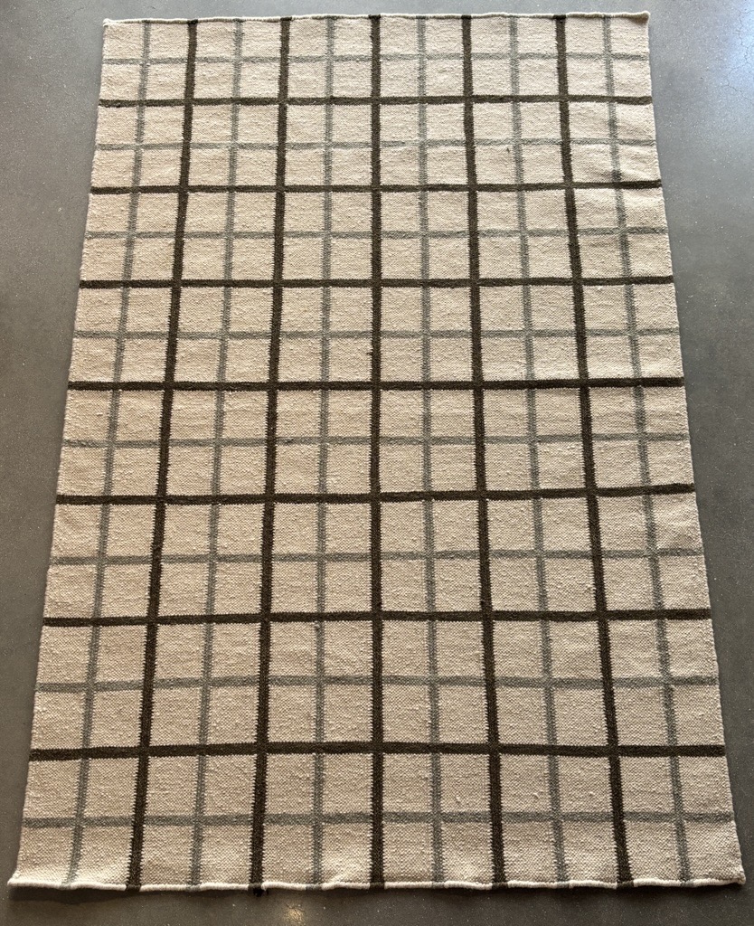A rectangular area rug features a grid pattern against a light tan background. The grid is formed by intersecting lines of two shades: a darker brown and a lighter, grayish-brown. The darker lines create larger squares, while the lighter lines subdivide these larger squares into smaller, lighter-colored squares within them. The rug appears to be made of a woven material and is laid out on a dark, possibly concrete or tiled, floor.