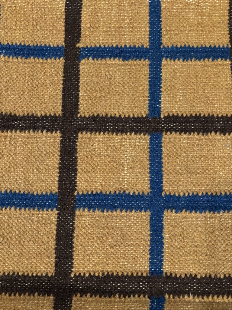 A close-up shot of a woven rug shows a vibrant grid pattern. The primary color of the rug is a warm, golden-brown. Thick, dark brown lines create horizontal and vertical borders, forming large squares. Within these large squares, thinner, bright blue lines intersect to create smaller, blue-filled cross sections. The woven texture of the rug is clearly visible, with individual threads and a slightly coarse, durable appearance. The edges of the darker brown lines have a slightly raised, ridged texture.