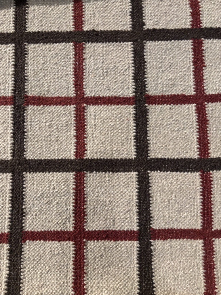 A close-up view of a woven rug shows a grid pattern with a light, creamy beige background. Thick, dark brown lines run horizontally and vertically, forming prominent squares. Within these squares, thinner, deep reddish-maroon lines intersect to create smaller, cross-shaped accents. The texture of the woven material is clearly visible, showing individual threads and a slightly rugged, durable appearance. The dark brown lines appear slightly raised, adding to the tactile quality of the rug.