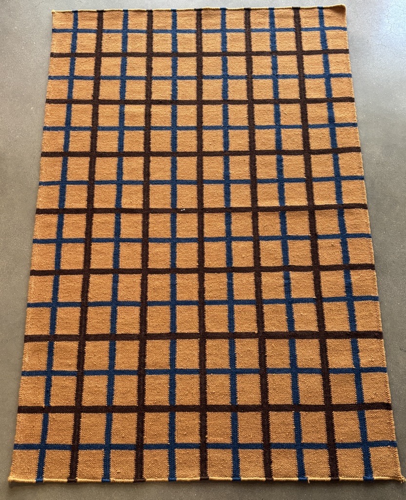 A rectangular area rug is laid out on a dark, possibly concrete or tiled, floor. The rug features a bold grid pattern with a primary background color of warm, golden-brown. The grid is formed by intersecting lines of two distinct colors: a darker, almost blackish-brown, and a vibrant medium blue. The dark brown lines create larger, prominent squares, while the blue lines subdivide these larger squares into smaller, blue-highlighted sections within them. The rug appears to be made of a woven material.