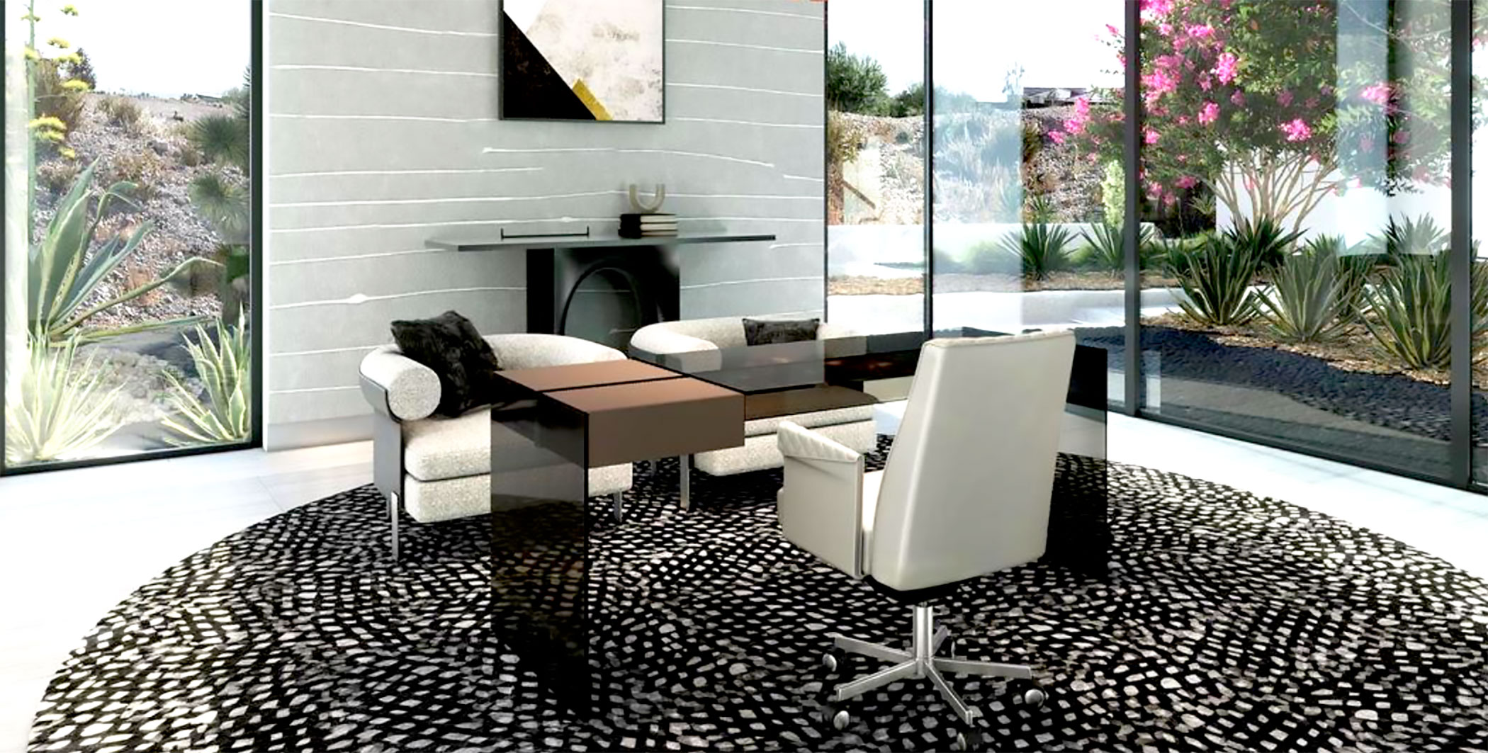 A black and white abstract area rug in a sunlit office space surrounded by pink flowers.