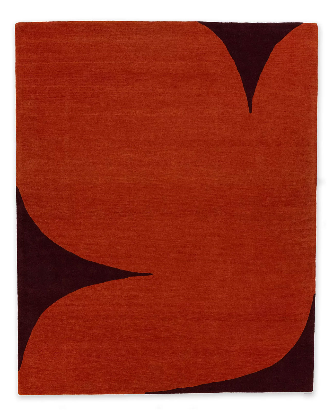 A modern, hand tufted area rug with dove pattern in orange and dark red colors by Angela Adams called Dove Love