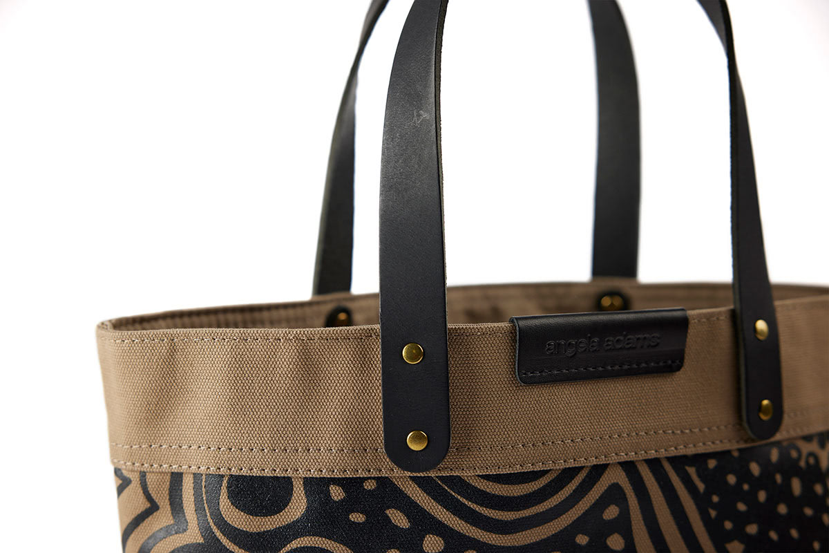 Close up detail of Brown and black tote by Angela Adams