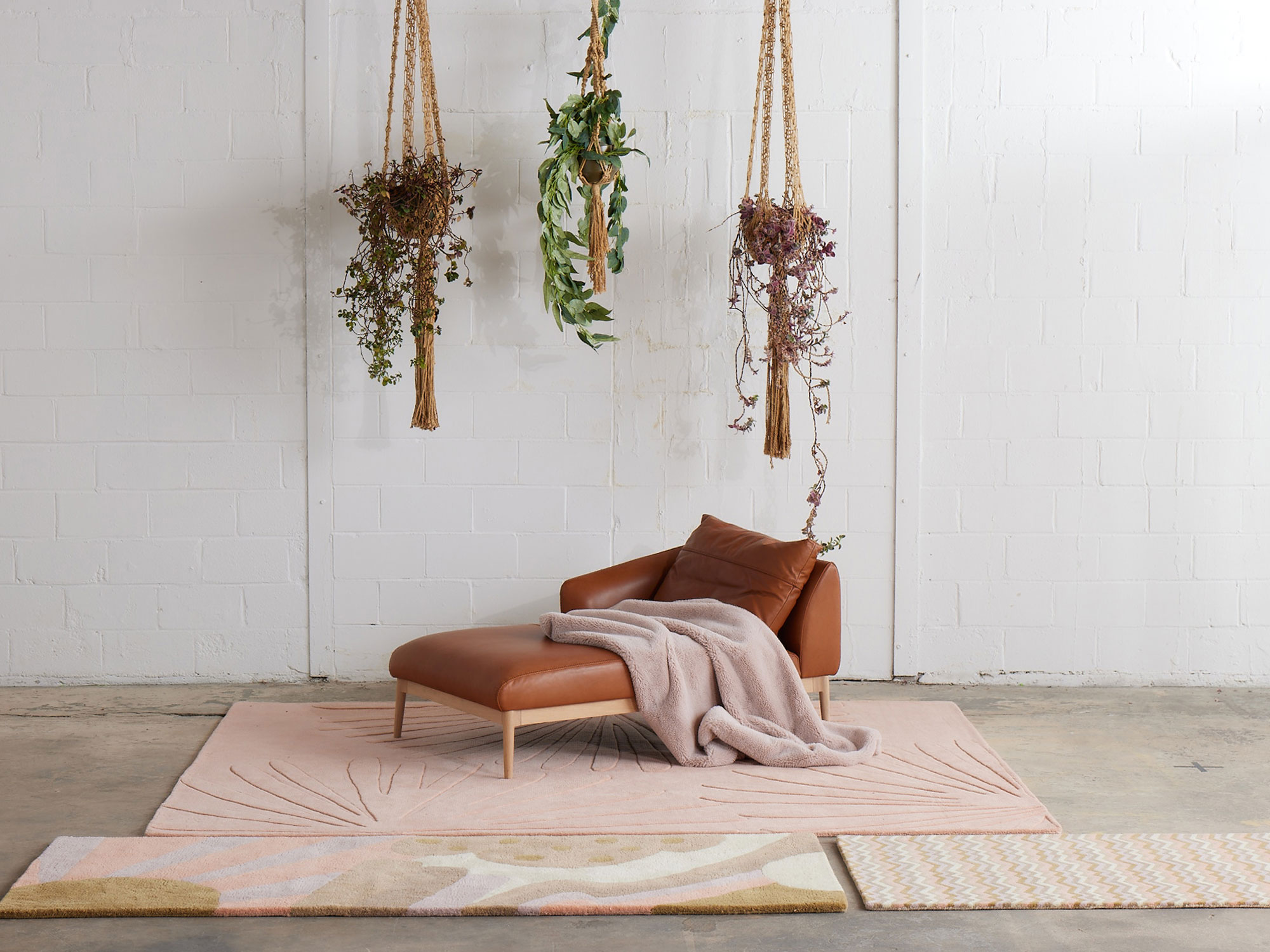 Three modern SHINE Collection area rugs in a light, and bright room