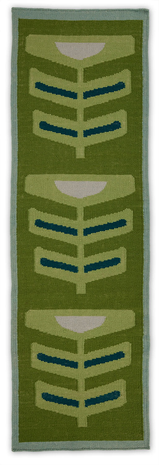 An abstract runner green and blue repeating pattern on a green runner area rug named Pterapod Grass.