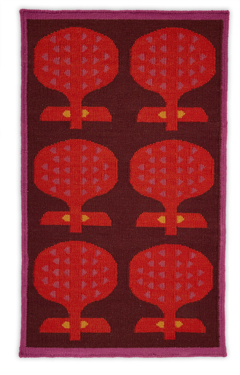 An abstract 3x5' light red and dark beet red repeating pattern on a red area rug named Happipod Berry.