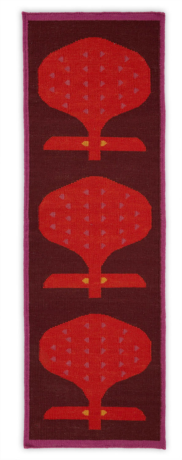 An abstract light red and dark beet red repeating pattern on a red runner area rug named Happipod Berry.