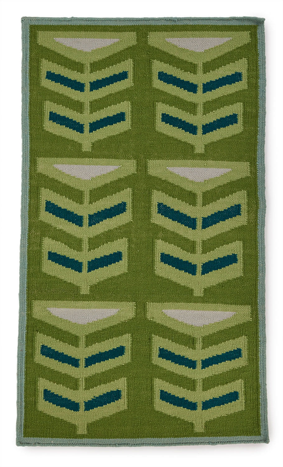 An abstract 3x5 green and blue repeating pattern on a green area rug named Pterapod Grass.